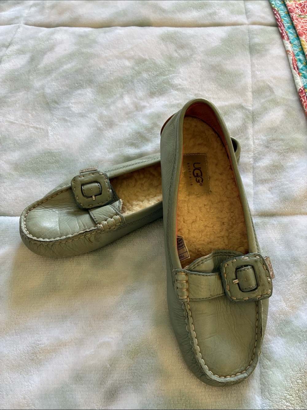 UGG Sage Green Leather Shearling-Lined Loafers with Buckle
